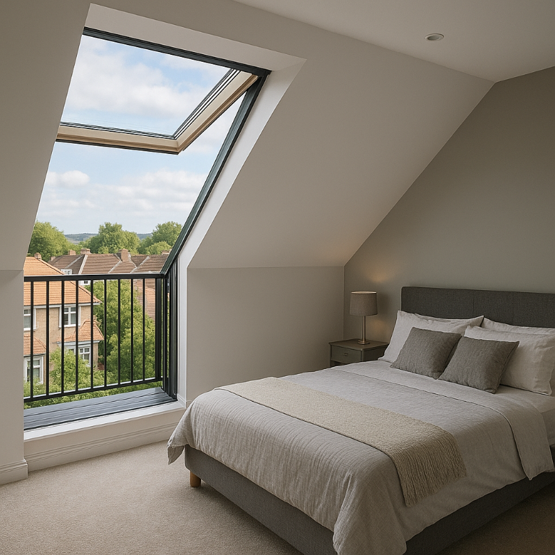 Veluxe CABRIO systems and similar alternative installations are popular choices for modern loft conversion balcony ideas