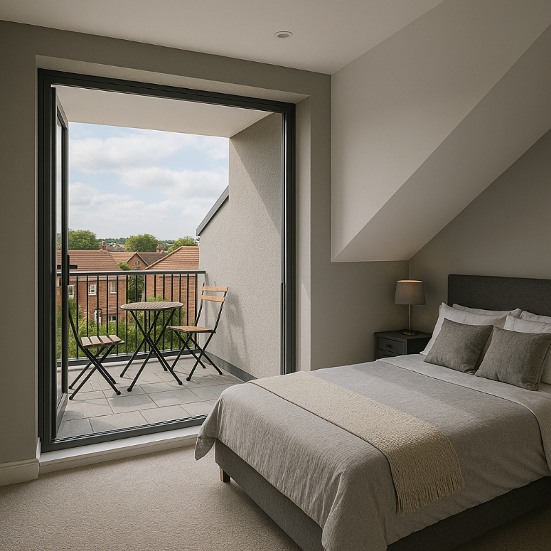 An illustration of a walk-out balcony. By providing open-air space to enjoy, these are an excellent choice when searching for loft conversion balcony ideas that maximise the dimensions of your property.