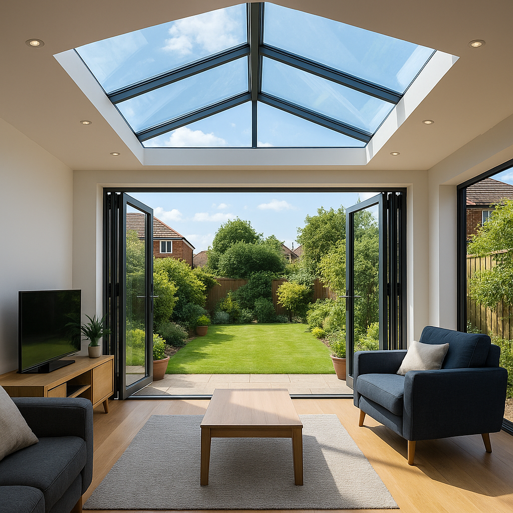 A modern home extension featuring a pitched glass roof. Additional lounge space is a popular design choice for glass roof extensions in the UK.